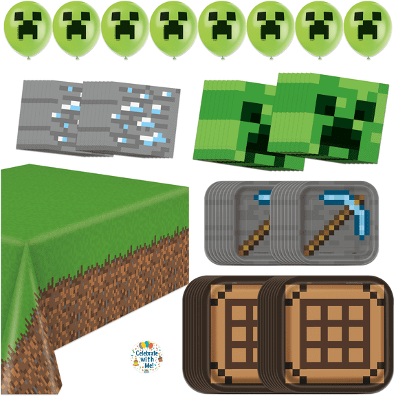 Unique Minecraft Party Supplies | Tableware & Balloons Party Kit | Serves 16 | Officially Licensed | Plates, Napkins, Table Cover, 12" Latex Balloons | Gamer Birthday Decorations For Kids & Fans
