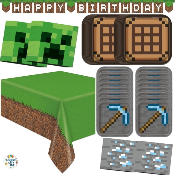 Unique Minecraft Party Supplies | Tableware & Banner Party Kit | Serves 16 | Officially Licensed | Plates, Napkins, Table Cover, Banner | Gamer Birthday Decorations For Kids, Boys, Girls Parties