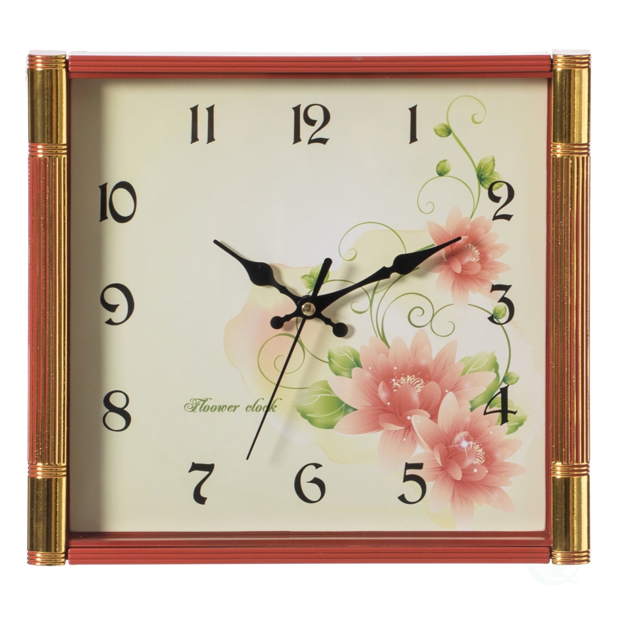 Modern Square Floral Design Wall Clock with Gold Accents