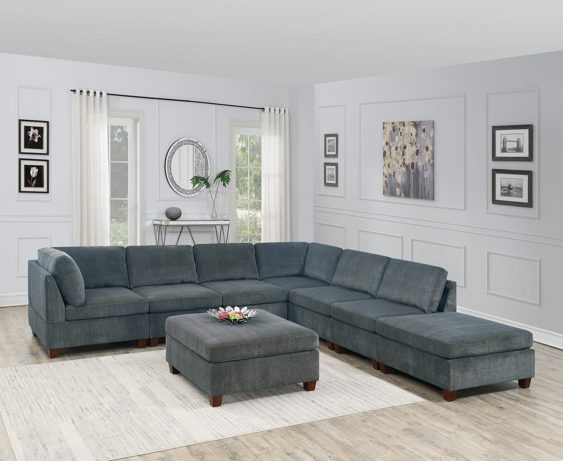 Gray Chenille Fabric Modular Sectional Sofa with Ottoman