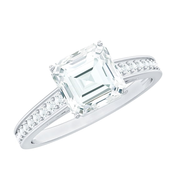 Rosec Jewels Certified Moissanite Solitaire Engagement Ring with Side Stones - 8 mm Asscher Cut - 3 Ct - D-VS1 Quality, 10K White Gold, US 4.00