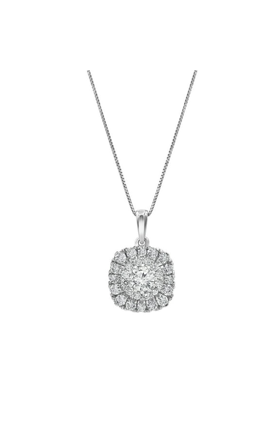 1.00 ct Lab Grown Diamond Cushion Halo Pendant Necklace in 14K White Gold (G-H, SI1-SI2), 18"