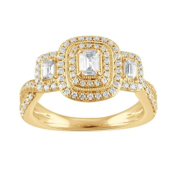 Unique Moments 1.00 ct Lab Grown Diamond Double Halo Emerald Bridal Set Engagement Ring 14KT Yellow Gold