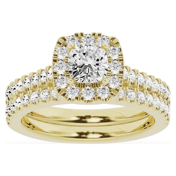 Unique Moments 1.50 Ct Lab Grown Cushion Halo Diamond Engagement Matching Wedding Ring Set 10K Yellow Gold