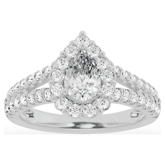 Unique Moments 1.50 Ctw Lab-Grown Pear Split Shank Halo Diamond Engagement Ring 14K White Gold