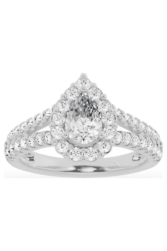 Unique Moments 1.50 Ctw Lab-Grown Pear Split Shank Halo Diamond Engagement Ring 14K White Gold