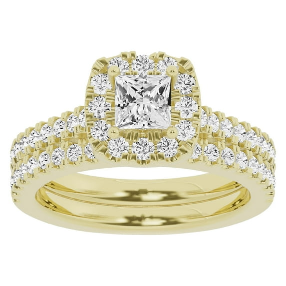 Unique Moments 1.50 Ctw Lab Grown Princess Halo Diamond Engagement Matching Wedding Ring Set 14K Yellow Gold