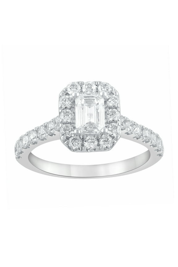 1.50 ct Lab Grown Diamond Halo Emerald Engagement Ring in 14K White Gold (G-H, SI1-SI2)