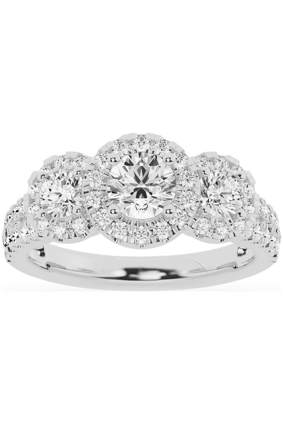 Unique Moments 1.5ct Lab Grown 3 Stone Halo Diamond Engagement Ring 10K White Gold