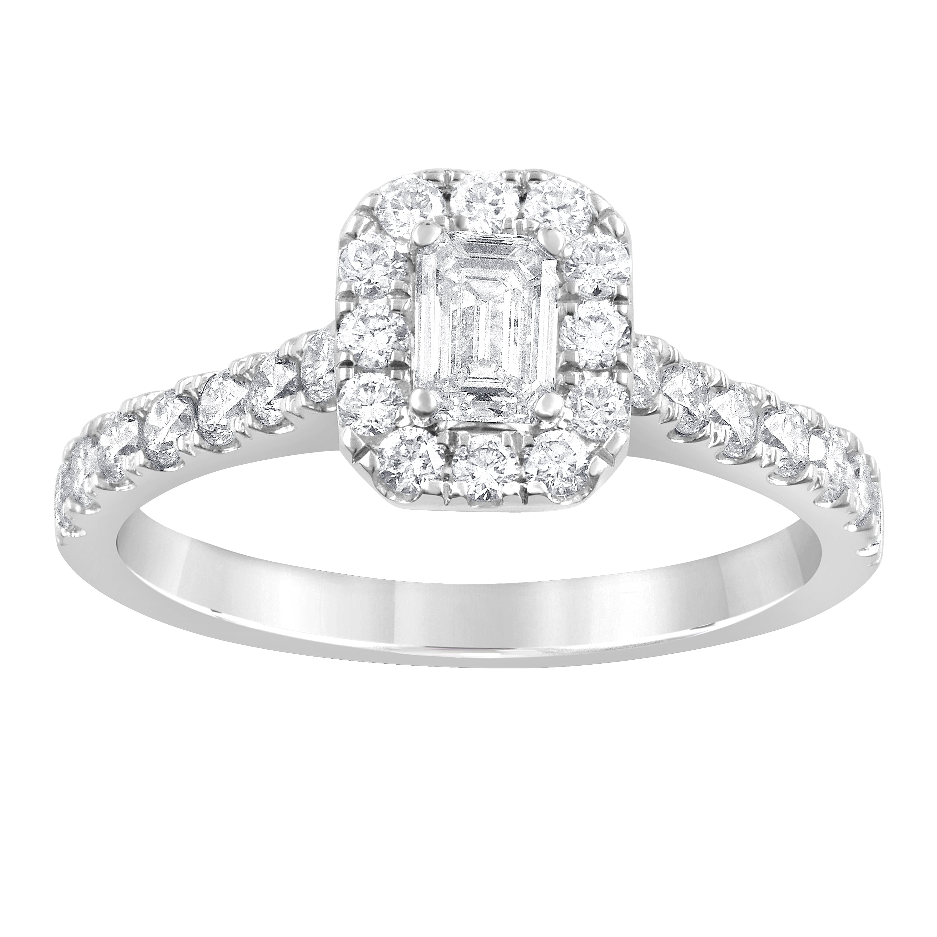 Unique Moments 1 ct Lab Grown Diamond Halo Emerald Engagement Ring in 14K White Gold (G-H, SI1-SI2)