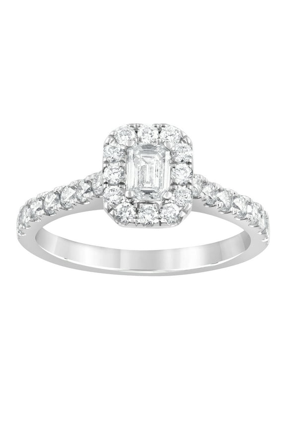 1 ct Lab Grown Diamond Halo Emerald Engagement Ring in 14K White Gold (G-H, SI1-SI2)