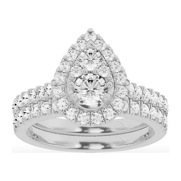 Unique Moments 10K White Gold 1.50 CT Round Lab-grown Diamond Pear Shaped Halo Bridal Ring Set