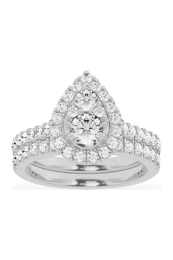 Unique Moments 10K White Gold 1.50 CT Round Lab-grown Diamond Pear Shaped Halo Bridal Ring Set