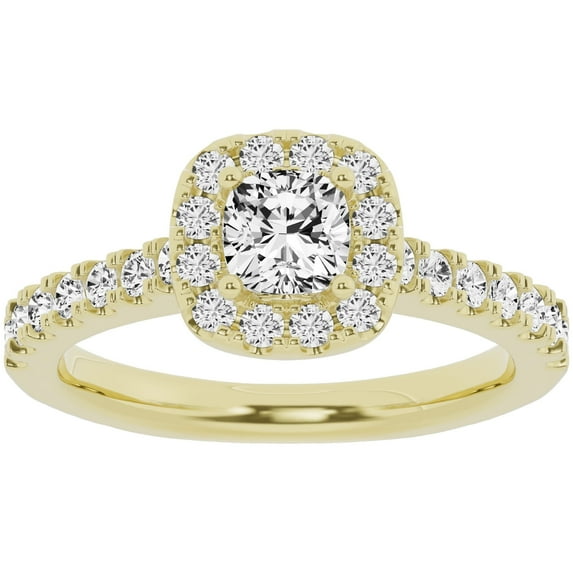 Unique Moments 1ct Lab Grown Halo Cushion Shape Diamond Engagement Ring 10K Yellow Gold