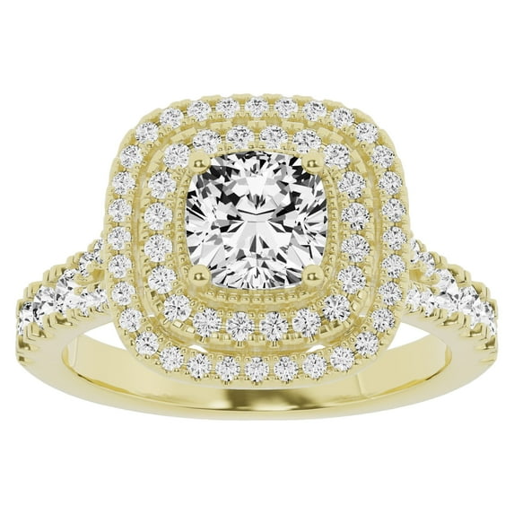Unique Moments 2 Ct Lab Grown Split Shank Cushion Halo Diamond Engagement Ring 14K Yellow Gold
