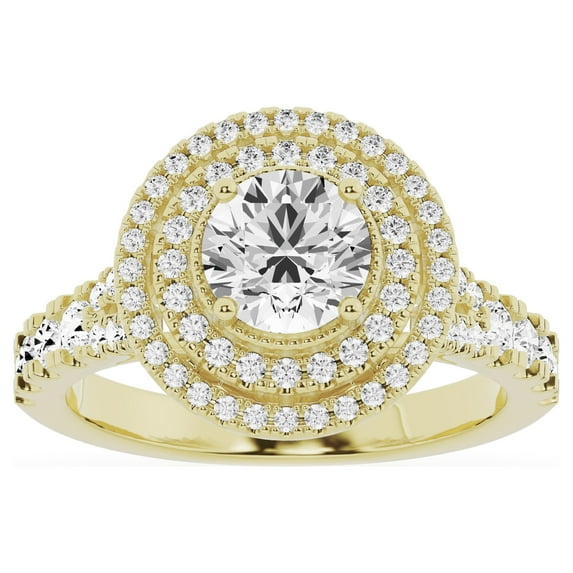 Unique Moments 2 Ct Lab Grown Split Shank Round Halo Diamond Engagement Ring 14K Yellow Gold