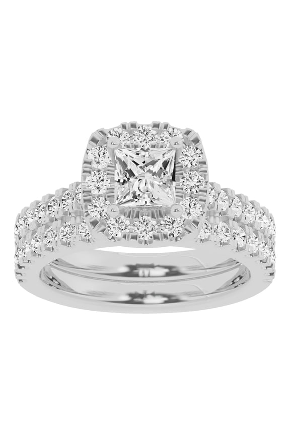 Unique Moments 2 Ctw Lab Grown Princess Halo Diamond Engagement Matching Wedding Ring Set 10K White Gold