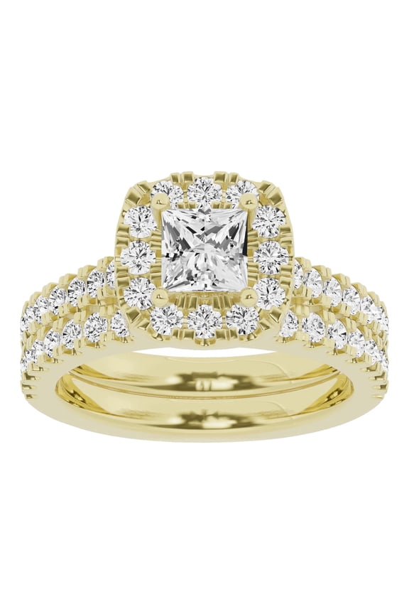 Unique Moments 2 Ctw Lab Grown Princess Halo Diamond Engagement Ring Set 10K Yellow Gold for Women