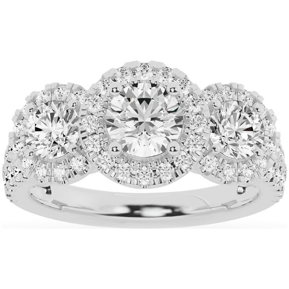 Unique Moments 2ct Lab Grown 3 Stone Halo Diamond Engagement Ring 14K White Gold