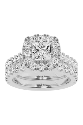 Unique Moments 3 Ctw Lab Grown Princess Halo Diamond Engagement Matching Wedding Ring Set 10K White Gold