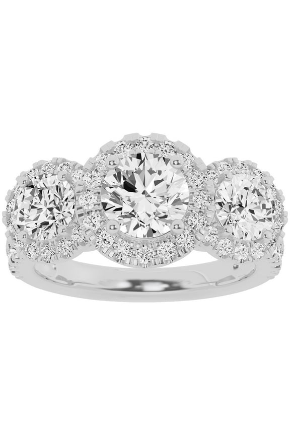 Unique Moments 3ct Lab Grown 3 Stone Halo Diamond Engagement Ring 10K White Gold