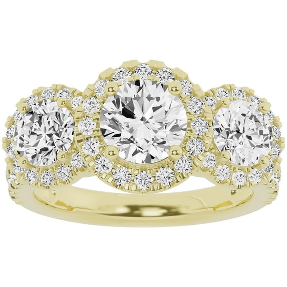 Unique Moments 3ct Lab Grown 3 Stone Halo Diamond Engagement Ring 14K Yellow Gold