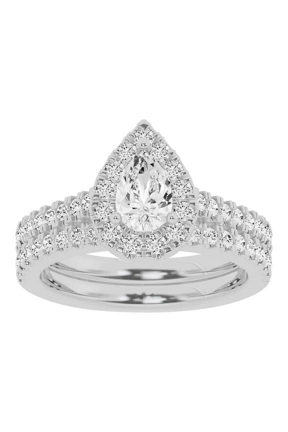 Unique Moments Lab Grown 1.50 Carat Diamond Pear Solitaire Bridal Set, Engagement Ring for Women 10K White Gold