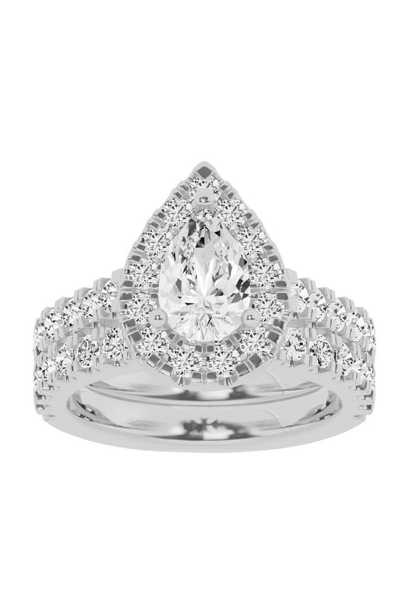 Unique Moments Lab Grown 3 Carat Diamond Pear Solitaire Bridal Set, Engagement Ring for Women 10K White Gold