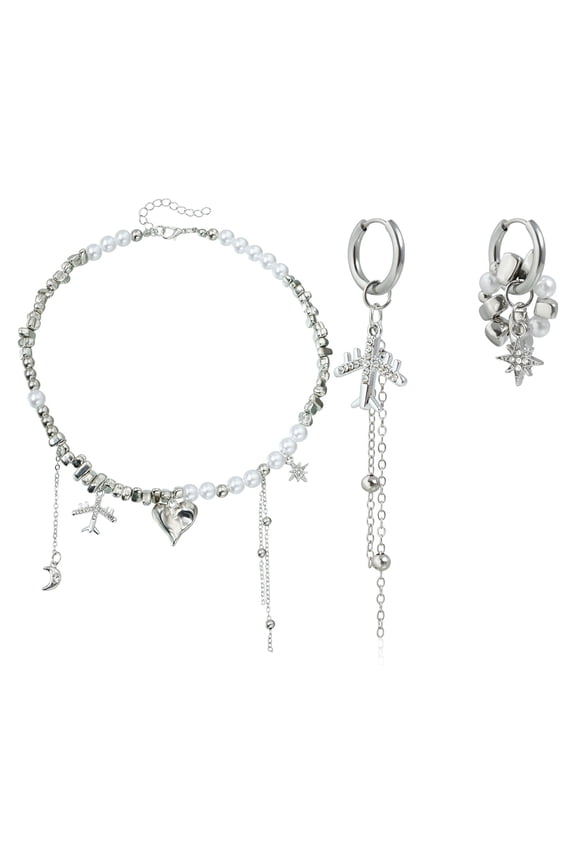 Unique Moon Jewelry Set Delicate Plane Star Moon Charm Necklace and Earrings Alloy Texture Suitable for Daily Wear