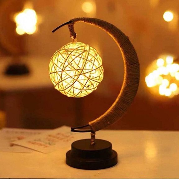 Ekuci Decorative Rattan Ball Style Moon Shape LED Night Lights, Warm Light
