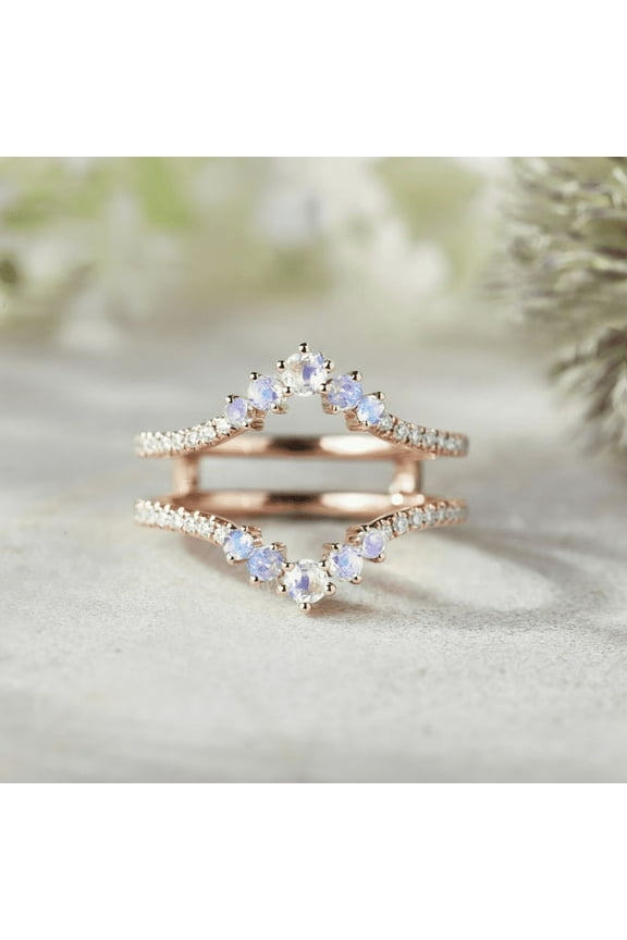 Unique Moonstone Bridal Ring Enhancer- Curved Wedding Band Stacking Custom Ring in 14K Rose Gold Vermeil