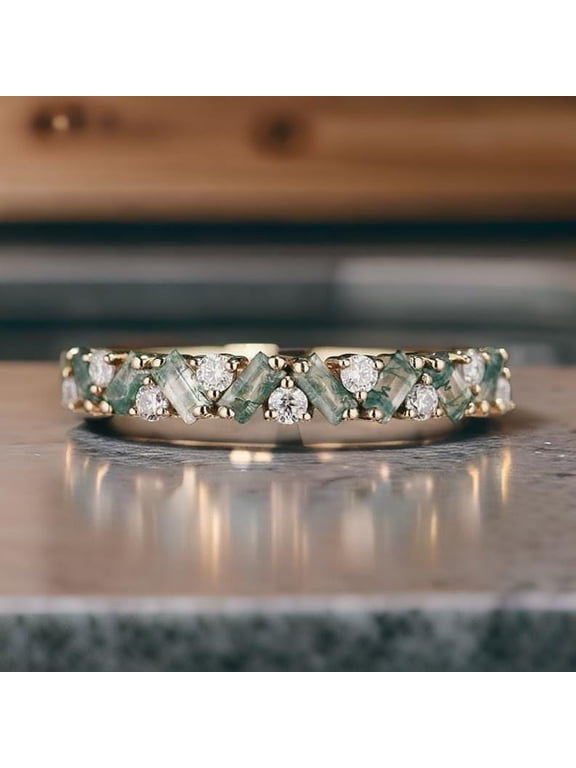 Unique Moss Agate Ring Moss agate Wedding Band Gold Rings Art Deco Eternity Band Moss Agate Matching Rings Personalized Gift For Her