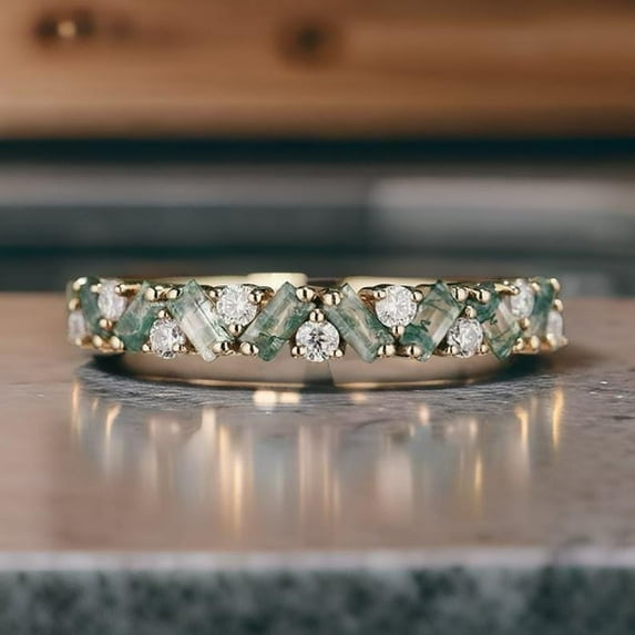 Unique Moss Agate Ring Moss agate Wedding Band Gold Rings Art Deco Eternity Band Moss Agate Matching Rings Personalized Gift For Her