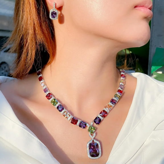 Unique Multi Color CZ Square Drop Wedding Bridal Necklace Earrings Jewelry Set