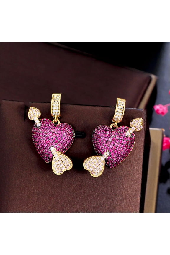 Unique Multi-Tone Gold Plated Bling Rose Red CZ Heart Arrow CZ Earring for Women