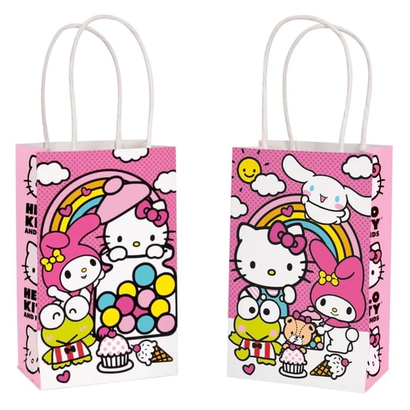 Unique Multicolor Hello Kitty Printed Party Favor Bags - 8.5" x 5.5" x 3.5, Pack of 8 Pink Kraft Treat Bags - Perfect Paper Bags for Kids Birthday, Baby Shower, Themed Party & More