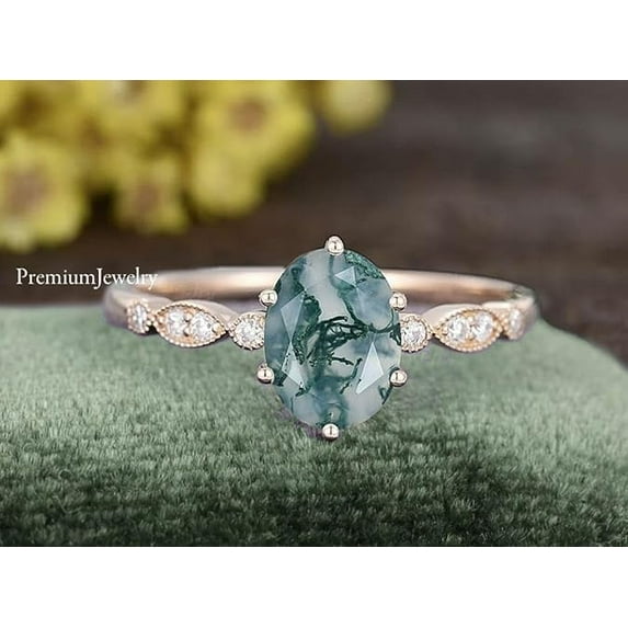 Unique Natural Moss Agate 7x9mm Oval Shaped Promise Ring, Delicate Engagement Ring, Wedding Ring For Women, Best Christmas Gift Idea, Bridal Ring, Vintage Cz Ring, 925 Sterling Silver Ring