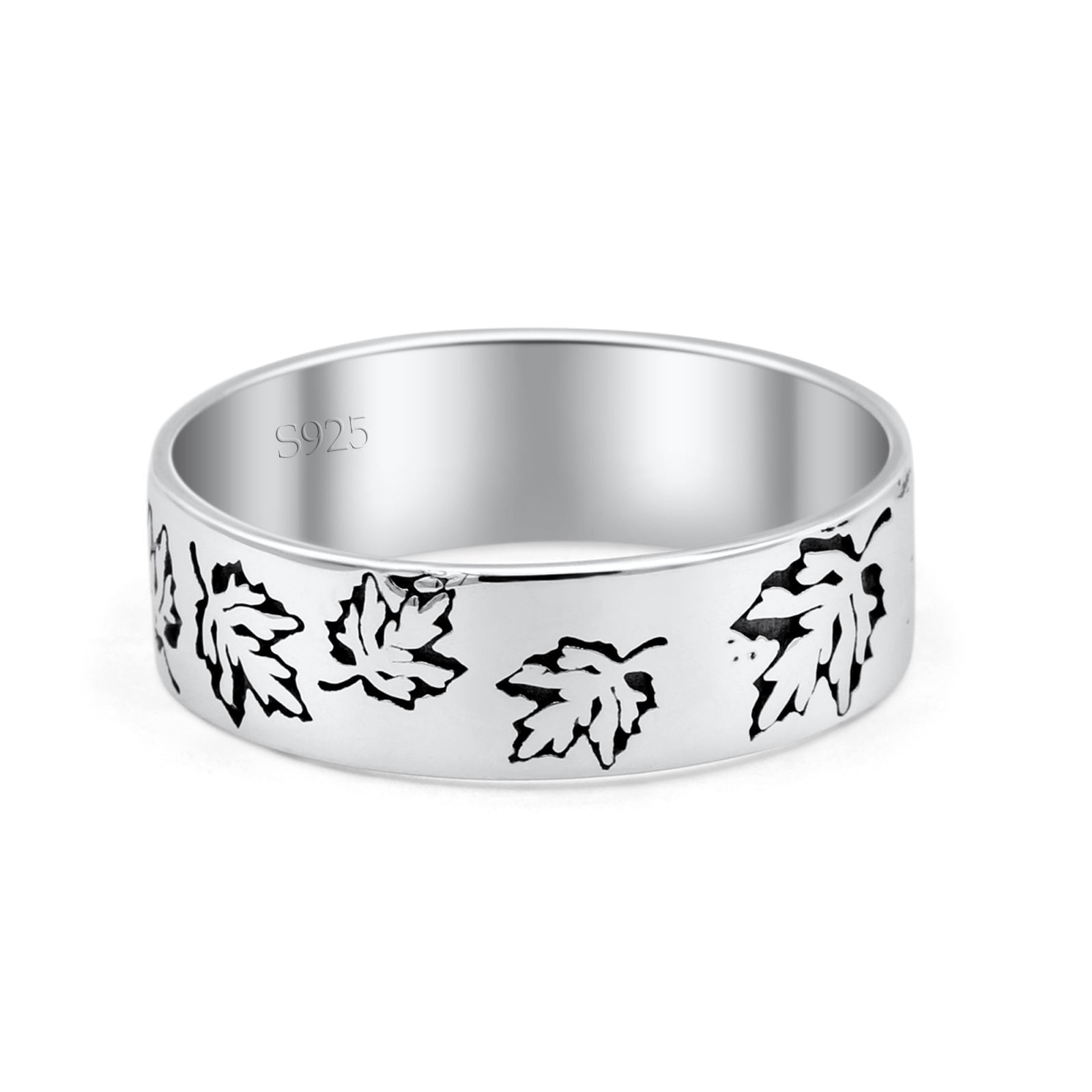 Unique Oak Leaf Rounded Engraved Oxidized Traditional Band Thumb