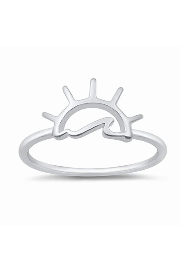 Unique Ocean Sunrise Sunset Beach Stackable Ring 925 Sterling Silver Stacking Band Simple Minimal Ring