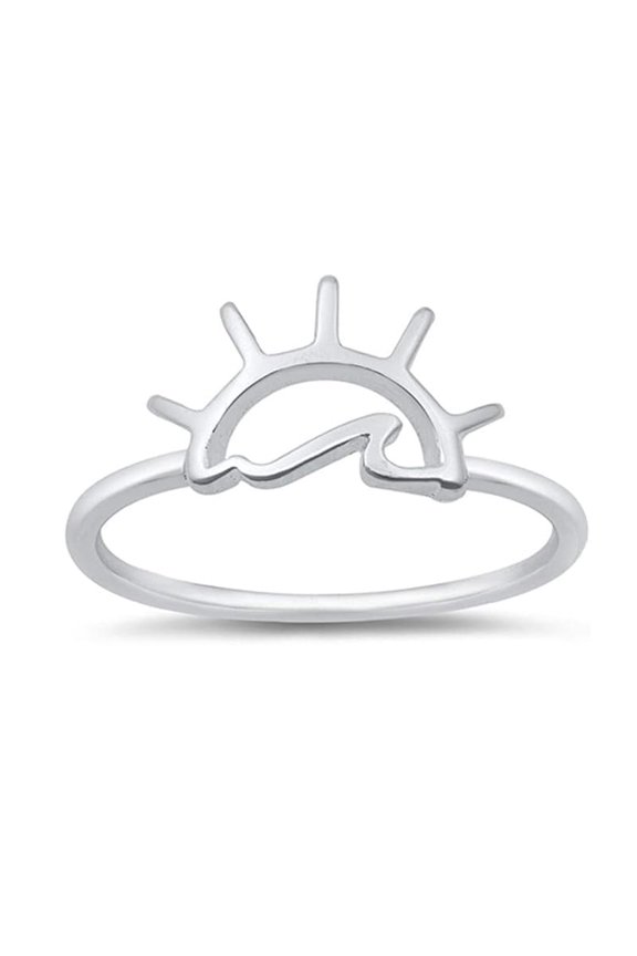 Unique Ocean Sunrise Sunset Beach Stackable Ring 925 Sterling Silver Stacking Band Simple Minimal Ring