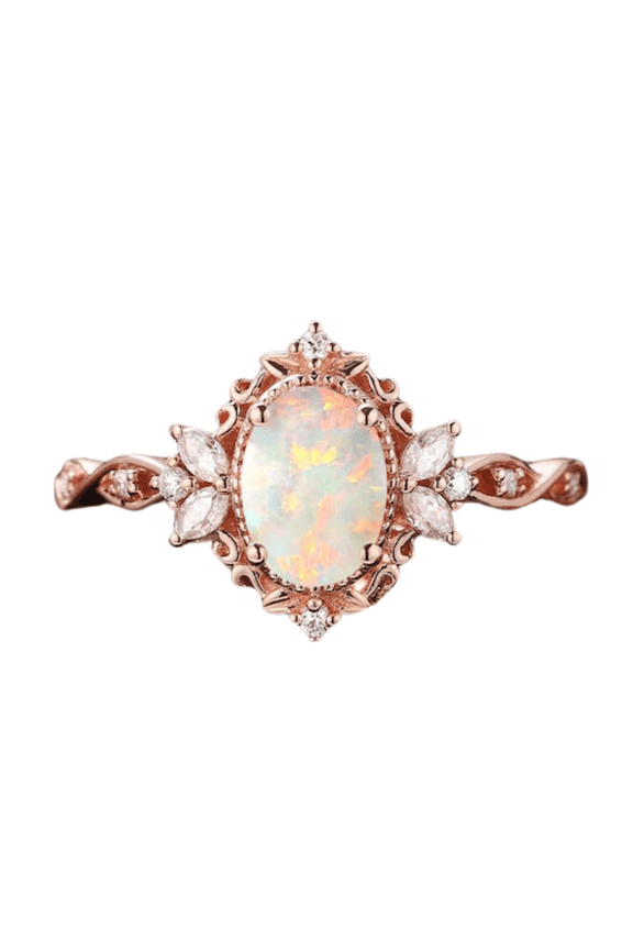 Unique Opal Engagement Ring in 14k Rose Gold Vermeil - Nature Inspired Art Deco Promise Rings for Women