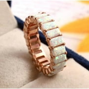GLITTERINGGEMSSTORE Unique Opal Wedding Band Women Baguette Cut Opal Ring Rose Gold plated 925 Silver Eternity Band Vintage Promise Bridal Ring Anniversary Gift