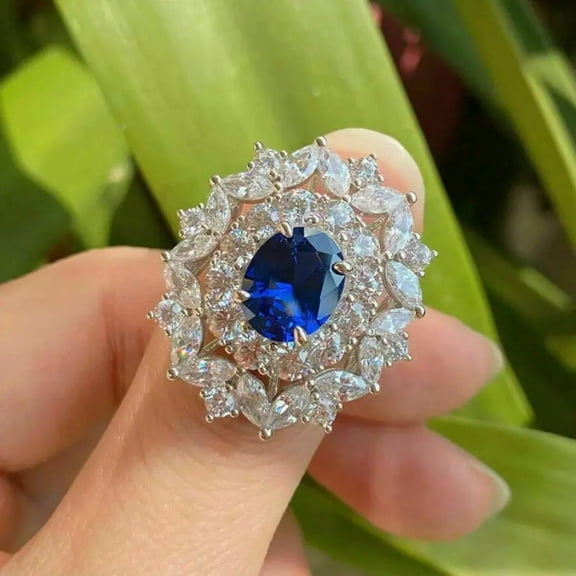 Unique Oval Cut Floral Diamond Ring Moissanite Cluster Ring Halo Engagement Ring 18K White Gold Plated Sapphire Bridal Ring Set