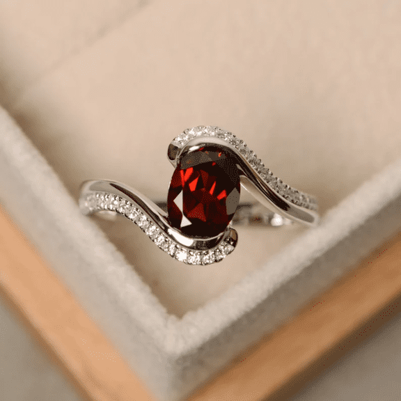 Unique Oval Cut Red Garnet Curved Ring in 925 Sterling Silver - January Birthstone - Proposal Ring For Her