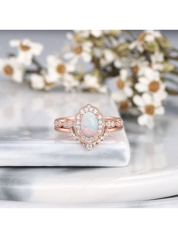 Unique Oval Cut White Opal Engagement Ring Set, Vintage Rose Gold Opal Bridal Wedding Set, Opal Promise Anniversary Halo Ring Gift for women