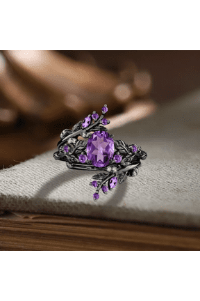 Unique Oval Shaped Amethyst Bridal Ring in 14K Black Gold Vermeil- Leaf Branch Bridal Promise Ring- February Birthstone