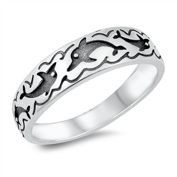 Unique Oxidized Dolphin Wave Ocean Animal Ring .925 Sterling Silver Band Jewelry Female Male Size 10