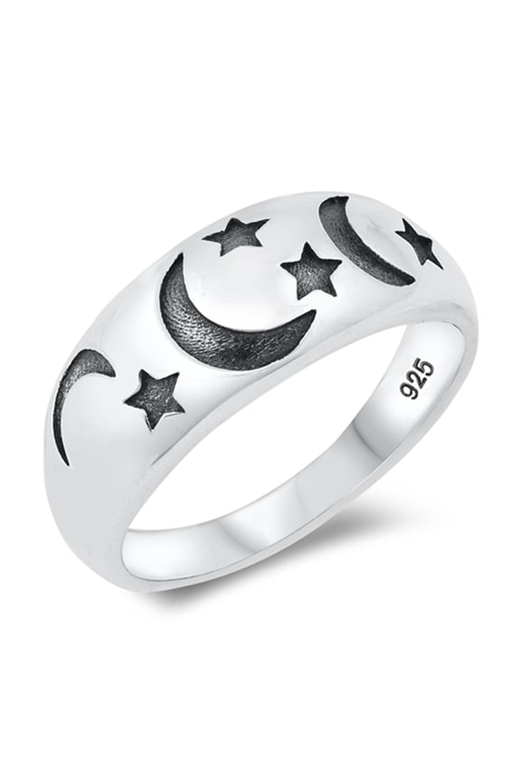 Unique Oxidized Moon Star Dream Space Ring .925 Sterling Silver Band Jewelry Female Male Size 7