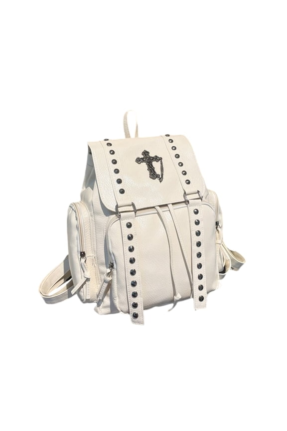 Unique PU Leather School Bag Rivet Decorated Backpack for Women College Daypack