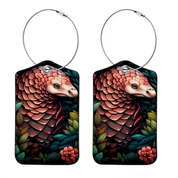 Unique Pangolin Luggage Tag, Travel Tags, Handbag Tag - Square PU Leather 2 Pack with Privacy Cover and Stainless Steel Ring - Suitable for Travel, Backpack, Handbag [Amazon Approved]